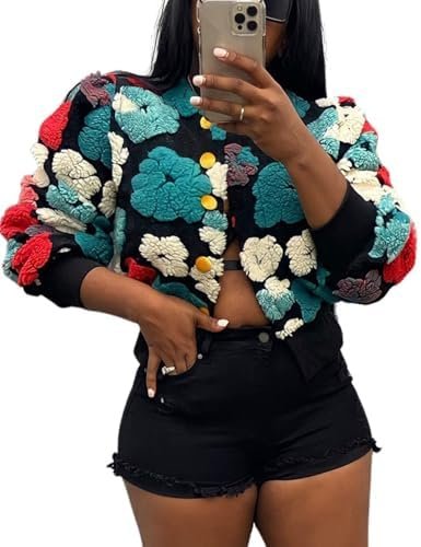 Flygo Women's Cropped Floral Print Bomber Jacket Warm Fleece...