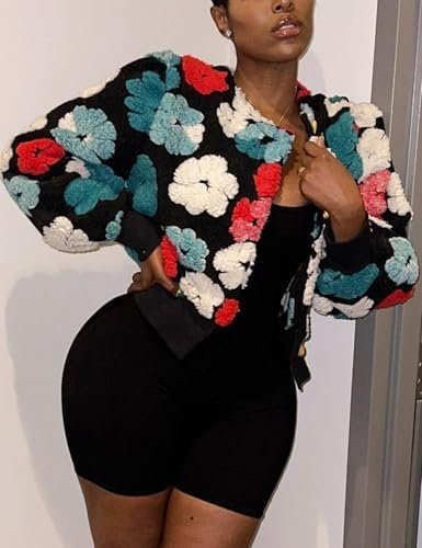 Flygo Women's Cropped Floral Print Bomber Jacket Warm Fleece...