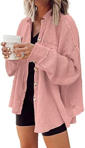 Yanekop Waffle Knit Button Down Shirt Womens Shacket Oversiz...