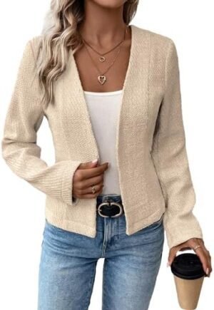 2025 Women's Spring Tweed Blazer Fully-Lined Collarless Open... 2025 Women's Spring Tweed Blazer Fully-Lined Collarless Open...