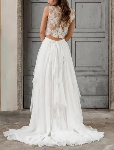 Women's Boho Short Sleeves Lace Wedding Dress Two Piece Scoo...