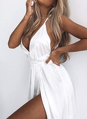 Women's Satin Formal Dress Sexy V Neck Backless Split Long M...