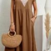 HOTYD Womens Cotton Linen Midi Dress Casual Loose Petite Sol...