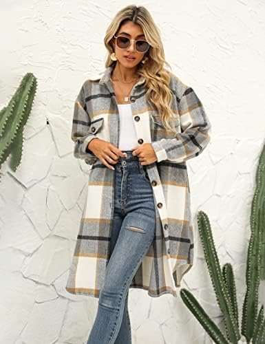 PUWEI Women's Long Flannel Plaid Jacket Shacket Cozy Lapel B...