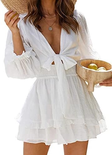 AlvaQ Womens Dresses Spring Summer Knot Front V Neck Ruffles...