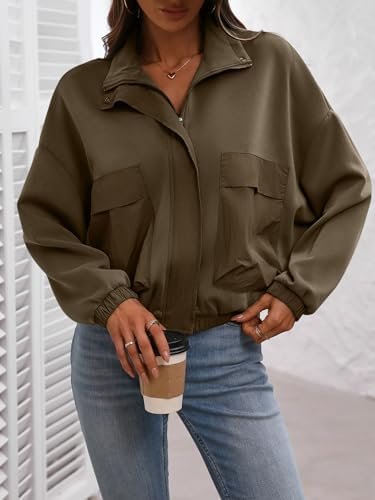 Women's Cropped Oversized Safari Jackets Zip Up Stand Collar...