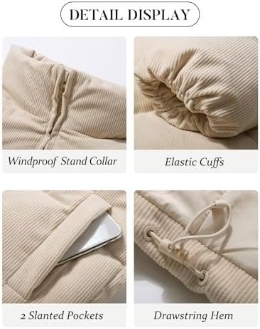 Flygo Womens Cropped Corduroy Puffer Jacket Winter Jackets W...