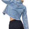Jean Jacket Women Frayed Raw Hem Button Up Long Sleeve Cropp...
