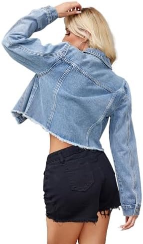 Jean Jacket Women Frayed Raw Hem Button Up Long Sleeve Cropp...