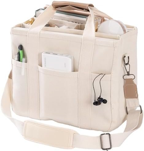 Canvas Tote Bag with Multi Pockets Crossbody Tote Bag for Wo...