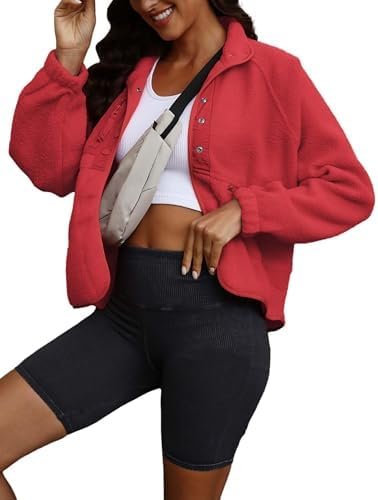 ReachMe Womens Sherpa Jacket Casual Lapel Button Down Croppe...