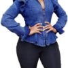 ECHOINE Women Casual Denim Jacket - Long Sleeve Zip Ruffle S...