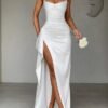 Women's Spaghetti Straps Prom Dress Sleeveless Satin Pleated...