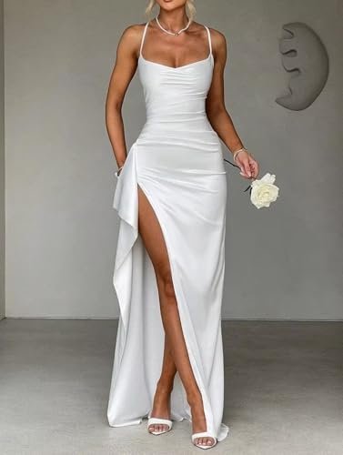 Women's Spaghetti Straps Prom Dress Sleeveless Satin Pleated...