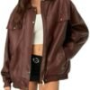 Womens Oversized Leather Jackets Faux Zip Up Motorcycle Bomb...
