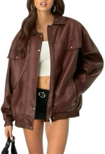 Womens Oversized Leather Jackets Faux Zip Up Motorcycle Bomb...