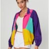 WDIRARA Women's Color Block Zip Up Lightweight Jacket Patchw...