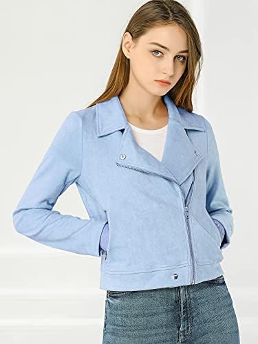 Allegra K Women's Short Soft Zip Up Faux Suede Biker Moto Ja...
