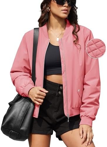 MAGCOMSEN Women's Bomber Jacket Casual Quilted Lined Coat Zi...