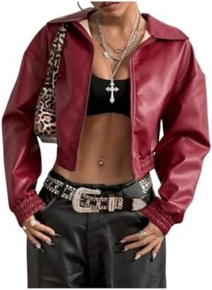 Women's Y2K Faux PU Leather Jacket Crop Zip Up Motorcycle Women's Y2K Faux PU Leather Jacket Crop Zip Up Motorcycle Co...