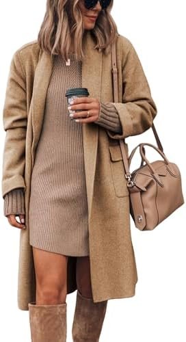 Hooever Women's Long Cardigan Wool Coat Open Front Pockets W... Hooever Women's Long Cardigan Wool Coat Open Front Pockets W...