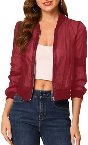Fisoew Women's Crop Mesh Sheer Bomber Jackets Lightweight Lo...