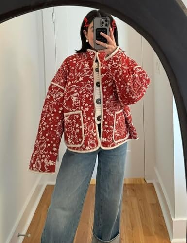 Wyeysyt Women's Cropped Puffer Jacket Lightweight Floral Pri...