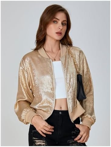 SOLY HUX Women's Metallic Jacket Zip Up Long Sleeve Lightwei...