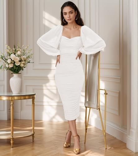 MllesReve Women Long Puffy Sleeve Midi Dresses Square Neck R...