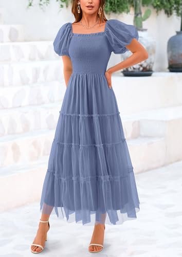 PRETTYGARDEN Women's Smocked Midi Tulle Dress 2025 Summer Pu...