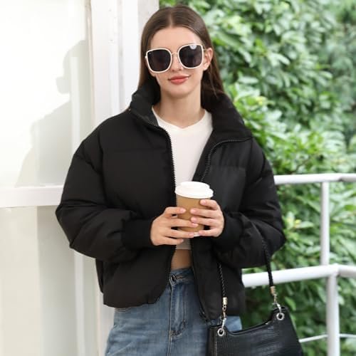 Women’s Winter Cropped Puffer Jacket Coat Casual Quilted Bag...
