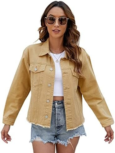 LONGBIDA Women's Jean Jacket Frayed Washed Button Up Cropped...