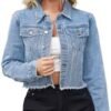 Jean Jacket Women Frayed Raw Hem Button Up Long Sleeve Cropp...