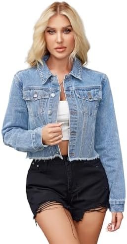 Jean Jacket Women Frayed Raw Hem Button Up Long Sleeve Cropp...