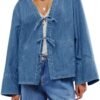 Tankaneo Womens Tie Front Denim Jacket Long Wide Sleeve Loos...