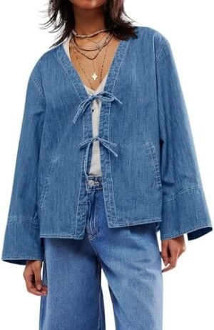 Tankaneo Womens Tie Front Denim Jacket Long Wide Sleeve Loos... Tankaneo Womens Tie Front Denim Jacket Long Wide Sleeve Loos...