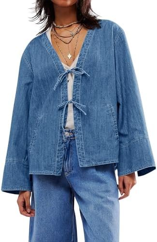 Tankaneo Womens Tie Front Denim Jacket Long Wide Sleeve Loos...