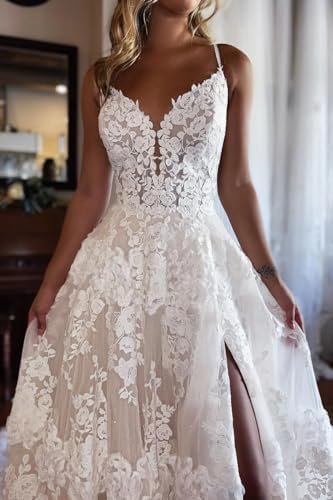 Dymaisei Spaghetti Straps Wedding Dresses with Slit Lace Bri...