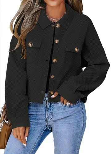 Womens Cropped Shacket Long Sleeve Button Down Lapel Casual ...