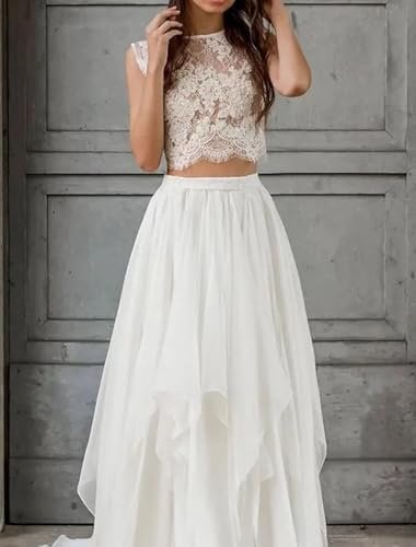 Women's Boho Short Sleeves Lace Wedding Dress Two Piece Scoo...