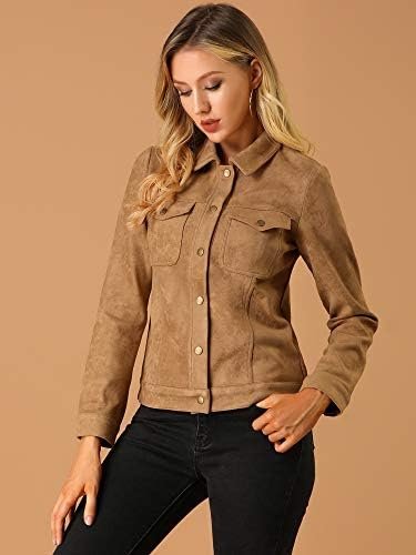 Allegra K Women's Turn-Down Collar Flap Pockets Snap Button ...
