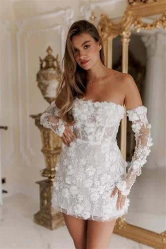 Women's Short Wedding Dresses with Detachable Sleeves Flower...