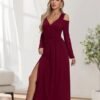 Women Long Sleeve Slit Maxi Long Dresses Deep V Neck Cold Sh...