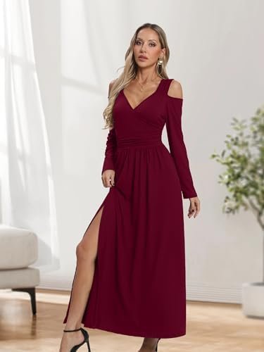 Women Long Sleeve Slit Maxi Long Dresses Deep V Neck Cold Sh...