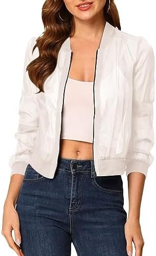 Fisoew Women's Crop Mesh Sheer Bomber Jackets Lightweight Lo...