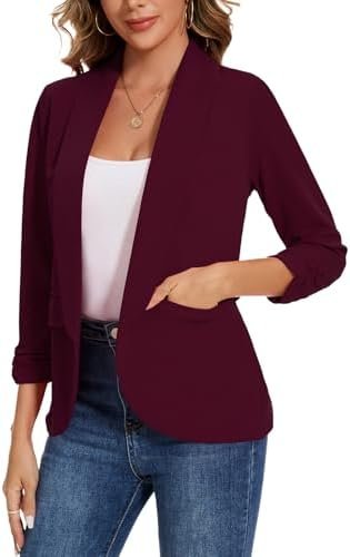 Women's Casual Open Front Blazers Shawl Lapel Ruched 3/4 Sle...