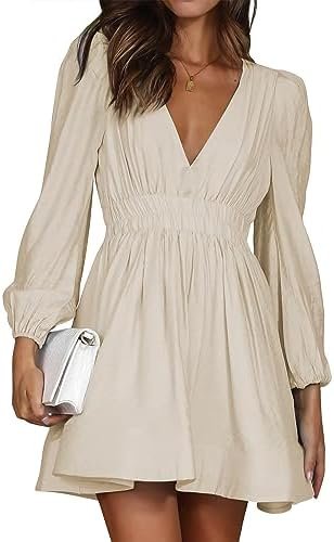 Mini Dress Deep V Sexy Dress Long Sleeve Dress for Women A-l...