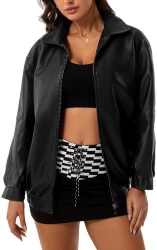 Womens Oversized Faux Leather Jackets Fashion Zip Up Motorcy...