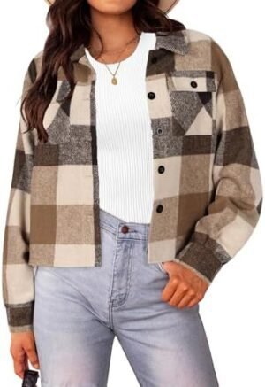 HOTOUCH Womens Flannels Fall Cropped Shacket Plaid Jacket Lo... HOTOUCH Womens Flannels Fall Cropped Shacket Plaid Jacket Lo...