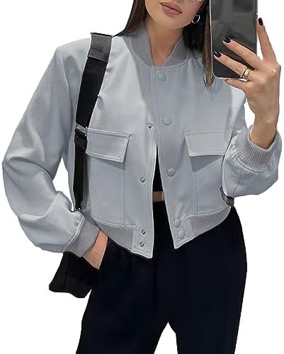 Chatinction Womens Cropped Bomber Jackets Pockets Snap Butto...